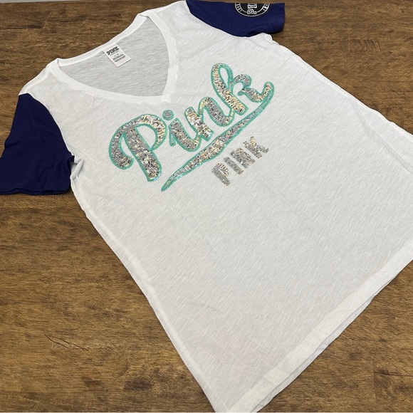 Victoria’s Secret Pink💕HTF V-Neck Bling Logo Varsity Color Block Tee L NWTS💕 - Picture 2 of 5